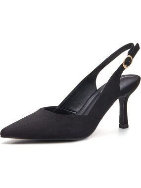 Women's Suede-Black Kitten Heels Closed Pointed Toe Backless Party Pumps Shoes
